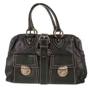 Marc Jacobs Black Leather Tote with Contrast Stitching and Gold-Tone Hardware